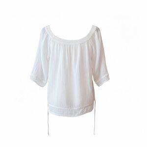 Poupette St. Barth White Gauze Crochet-Trim Peasant Blouse W/ Gathered waist